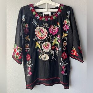 Johnny Was Biya black gauze colorful floral embroidered Spring Willow tunic sz S
